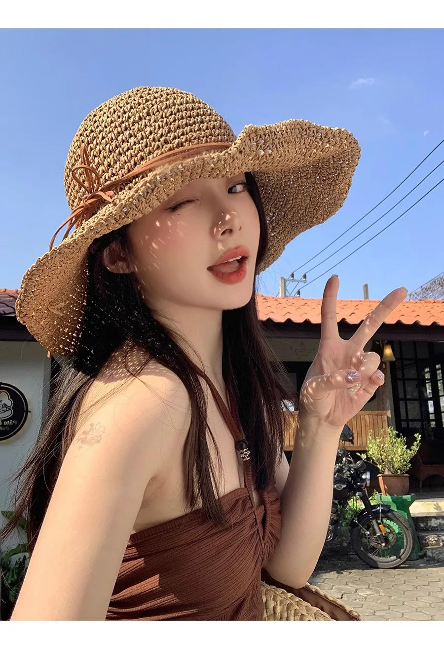 Holiday Sle Beach Fisherman Hat Seaside Sun Protection Sun Hat Large Brim Bow Woven Straw Hat Women Panama Chapeau Korean