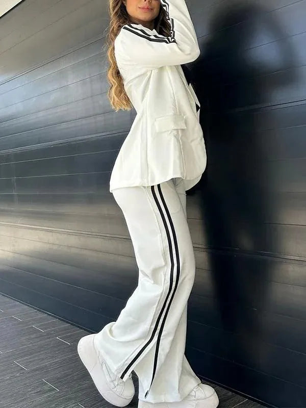 Women 2 Piece Sets Suit Jacket Wide Leg Pants Turn Down Collar Pockets Striped Blazer Coat Trousers 2025 Office Lady Outfits