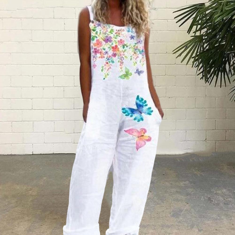 Casual Loose Jumpsuit Women Spaghetti Long Camis Summer Print Cotton Linen Strap Wide Leg Pants Bib Overalls Sleeveless Jumpsuit