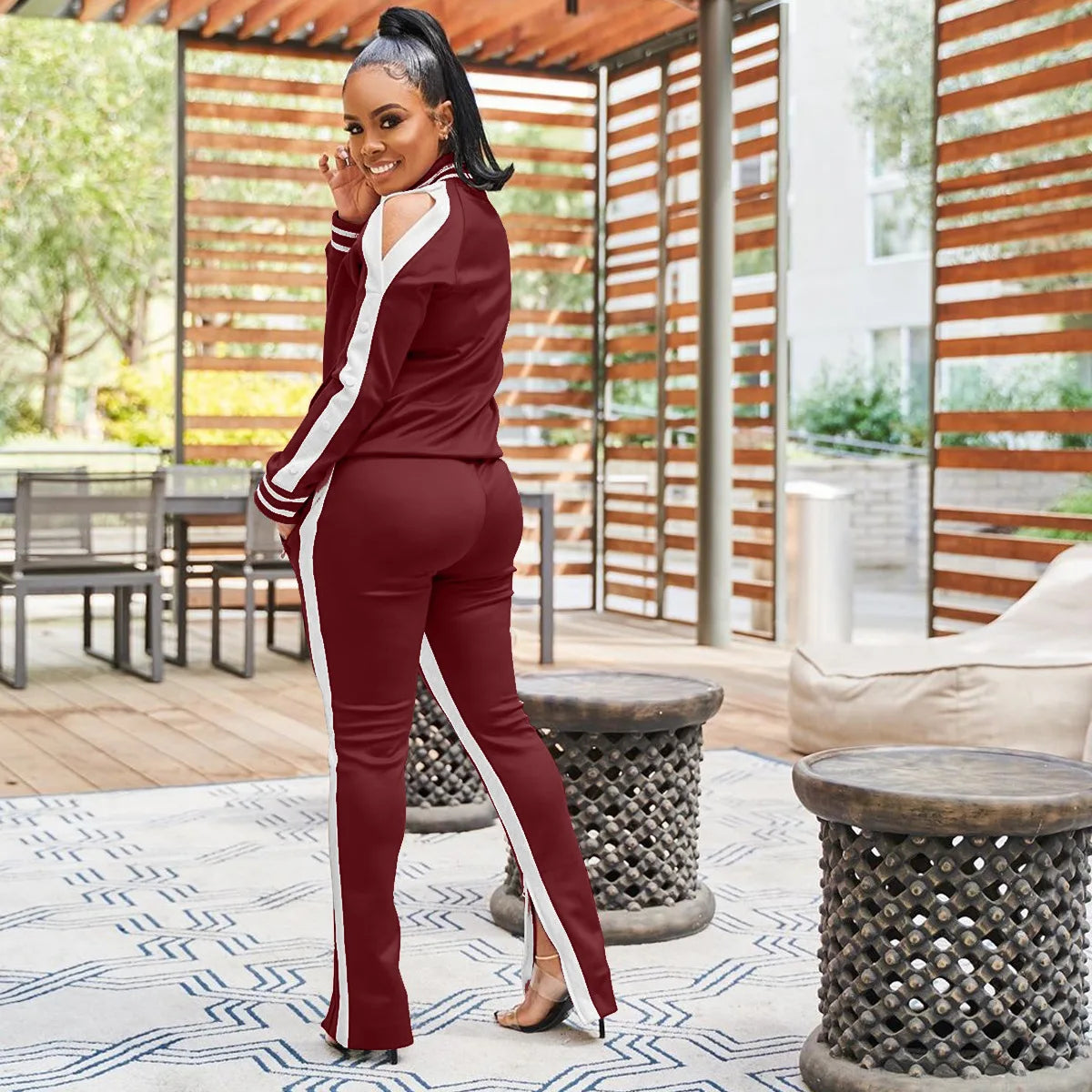 Women Pant Sets Tracksuit Zippers Jackets Striped Stand Collar Coats Pencil Pants Two Pieces Set Sports Casual Patchwork