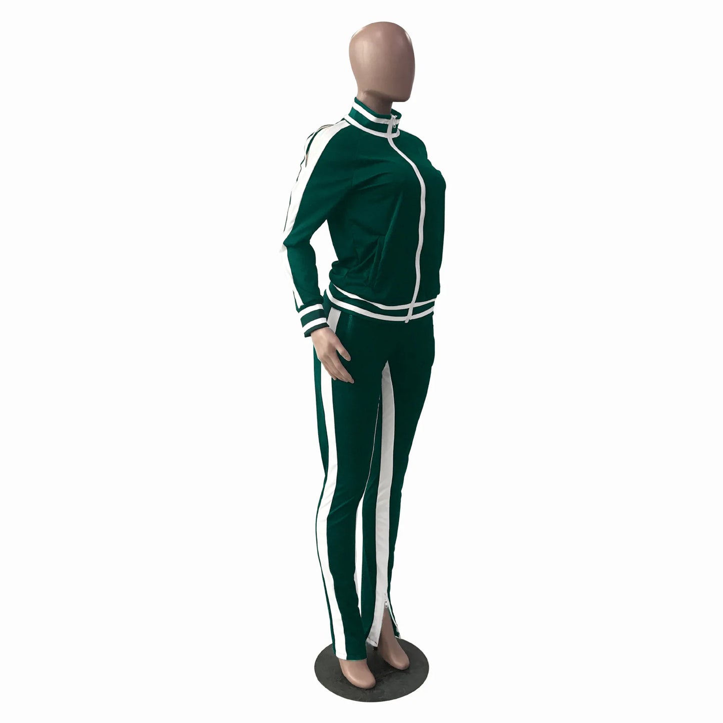 Women Pant Sets Tracksuit Zippers Jackets Striped Stand Collar Coats Pencil Pants Two Pieces Set Sports Casual Patchwork