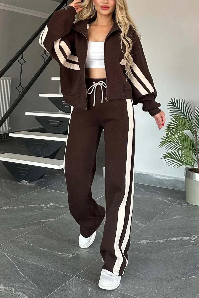 Two Piece Set Women Fashion Striped Print Lapel Zipper Coat High Waist Pants Outfit Autumn Winter Long Sleeve Suit Tracksuit