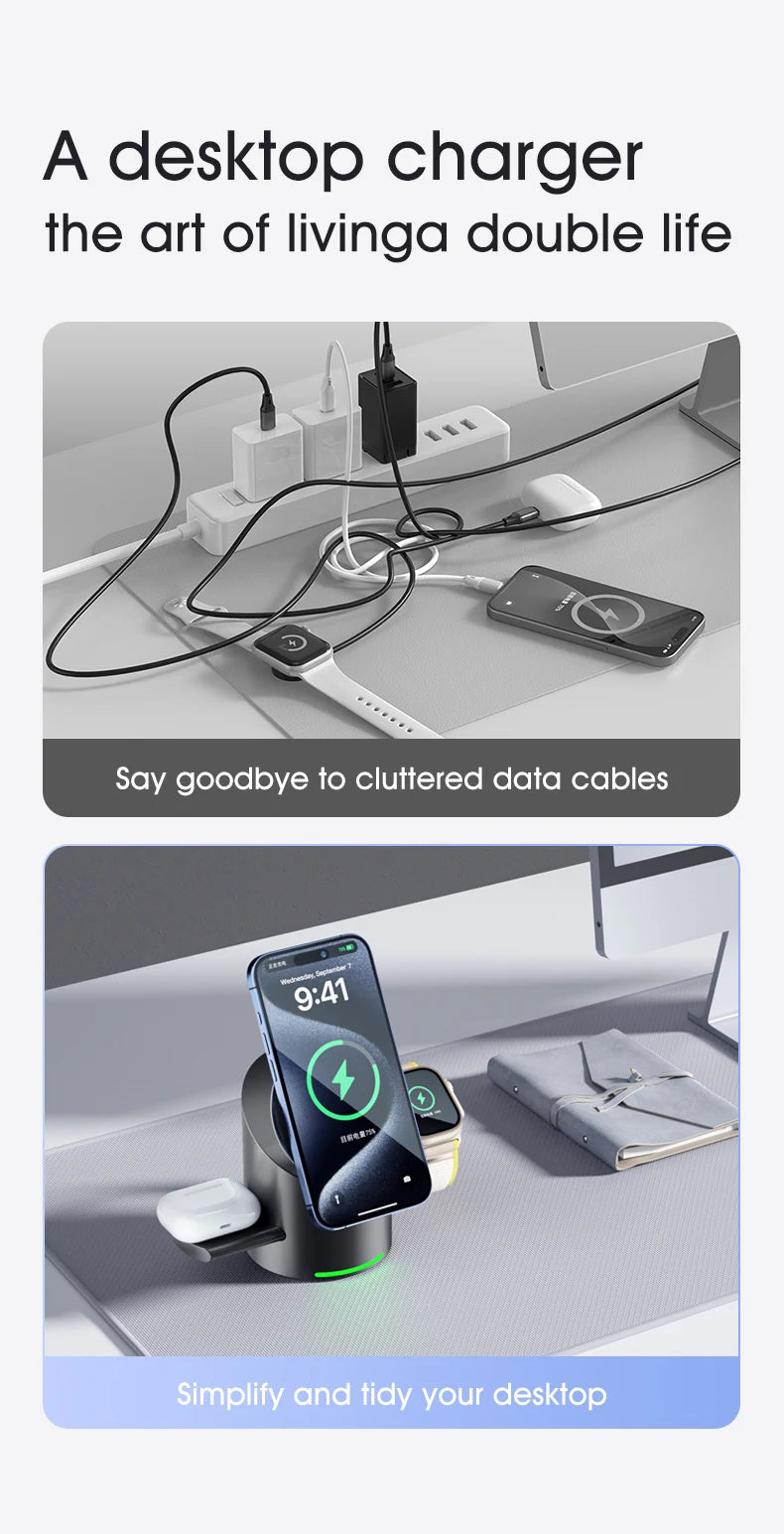 Touch Rotate Qi2 Magnetic 3-in-1 Wireless Charger 15W Fast Charging Station for iPhone 13 14 15 16 Series Apple Watch AirPods