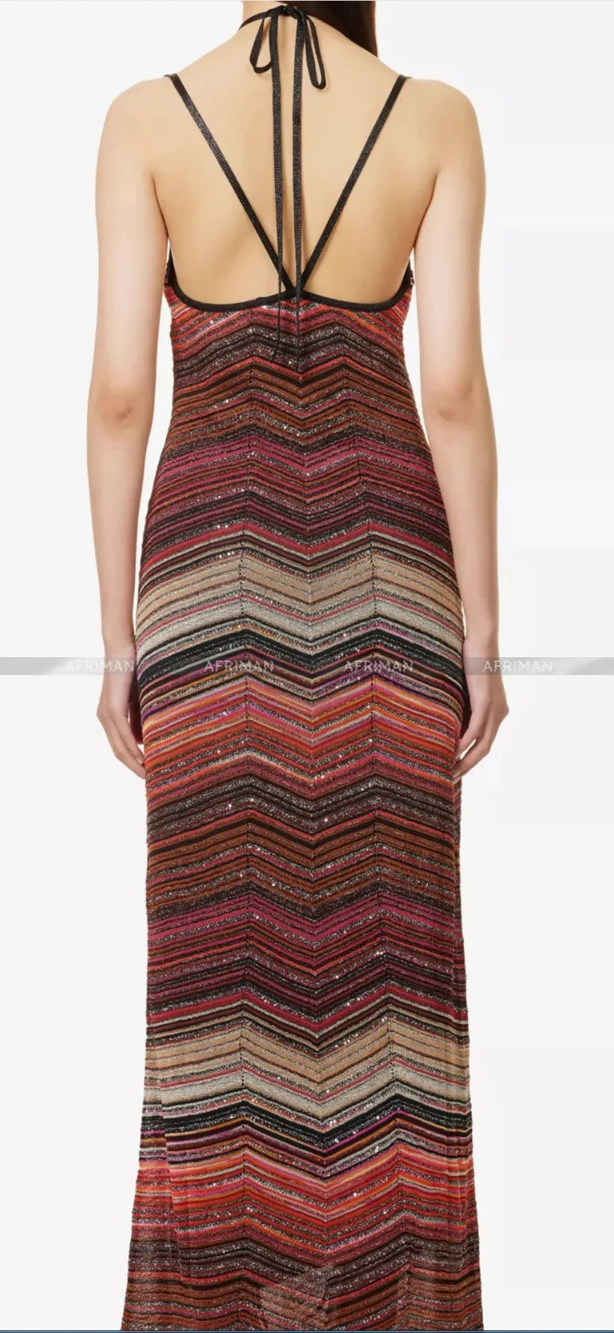 Women Stripe Sleeveless Metallic Sequined Thin Strap Hanging Neck Slim Maxi Long Knitted Dress