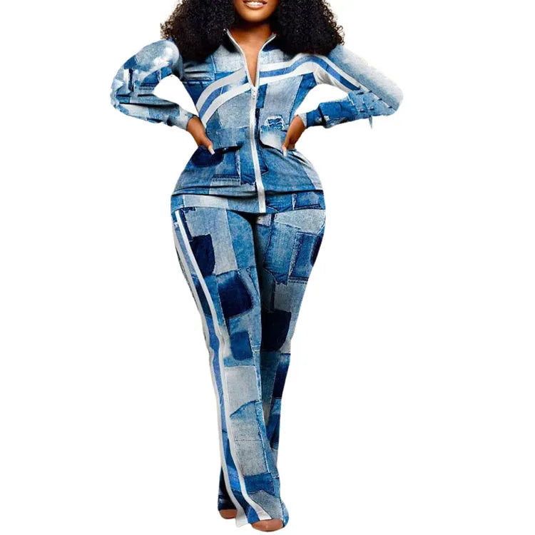CPSYMYM Two Piece Set Women Outfit Autumn Denim Look Print Zipper Design Stand Collar Long Sleeve Top & Casual Pants Set