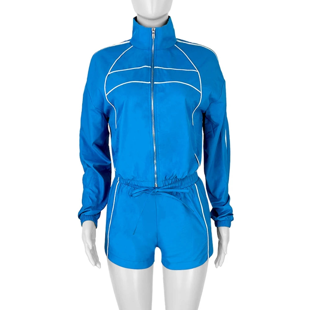 FAGADOER Casual Color Block 2 Pieces Set for Woman Long Sleeve Zipper Crop Jacke and Drawstring Shorts Female Jogger Clothing