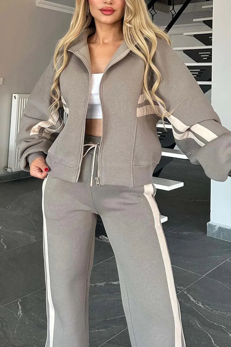 Two Piece Set Women Fashion Striped Print Lapel Zipper Coat High Waist Pants Outfit Autumn Winter Long Sleeve Suit Tracksuit