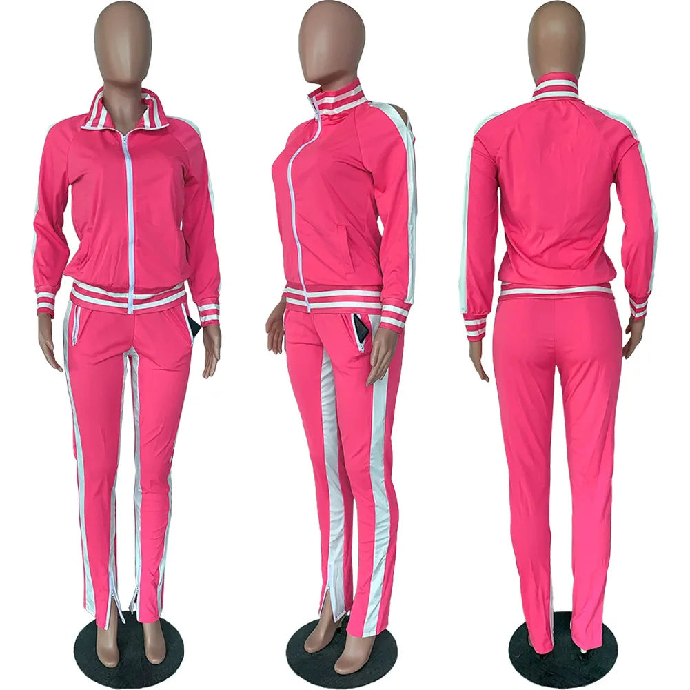 Women Pant Sets Tracksuit Zippers Jackets Striped Stand Collar Coats Pencil Pants Two Pieces Set Sports Casual Patchwork