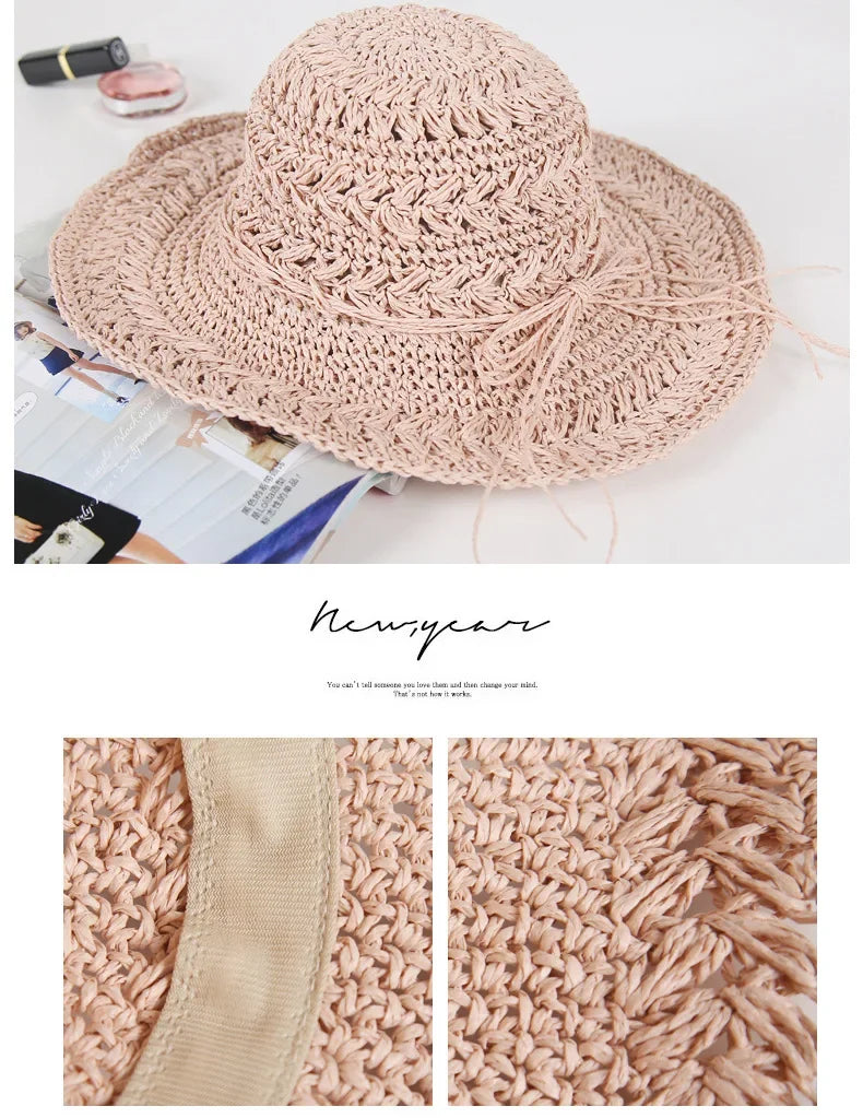 Foldable Sun Protection Straw Hat Women's Summer Korean Style Beach Vacation Outing Large Brim Sand Beach Cap Lace Net Hat