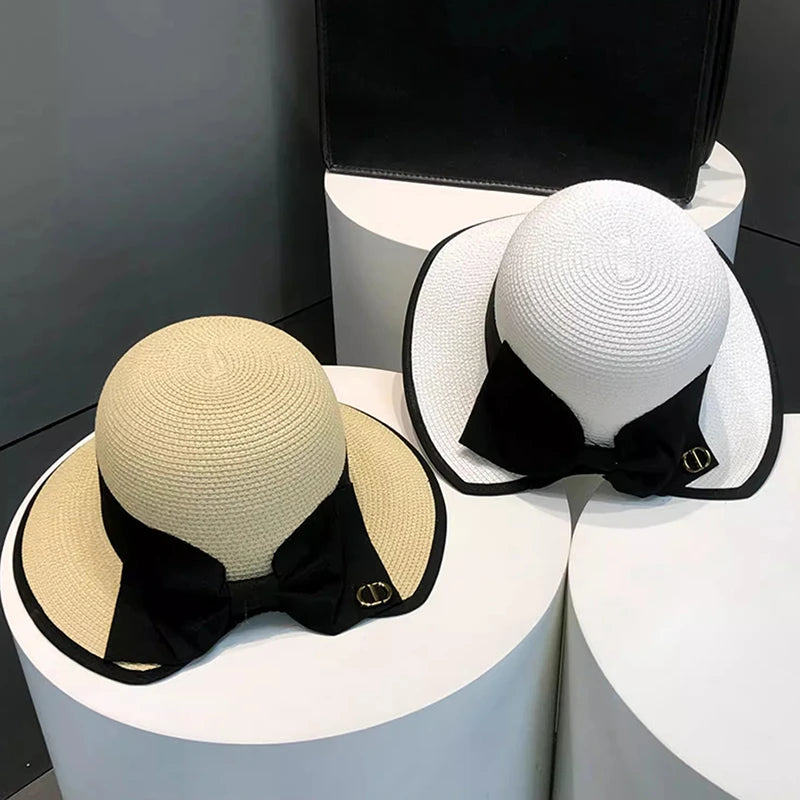 Summer Girls Sun Hats Wide Brim Bowknot Straw Hat with Ribbon Outdoor Sun Protection Women Hats Soild Color Ladies Panama Caps