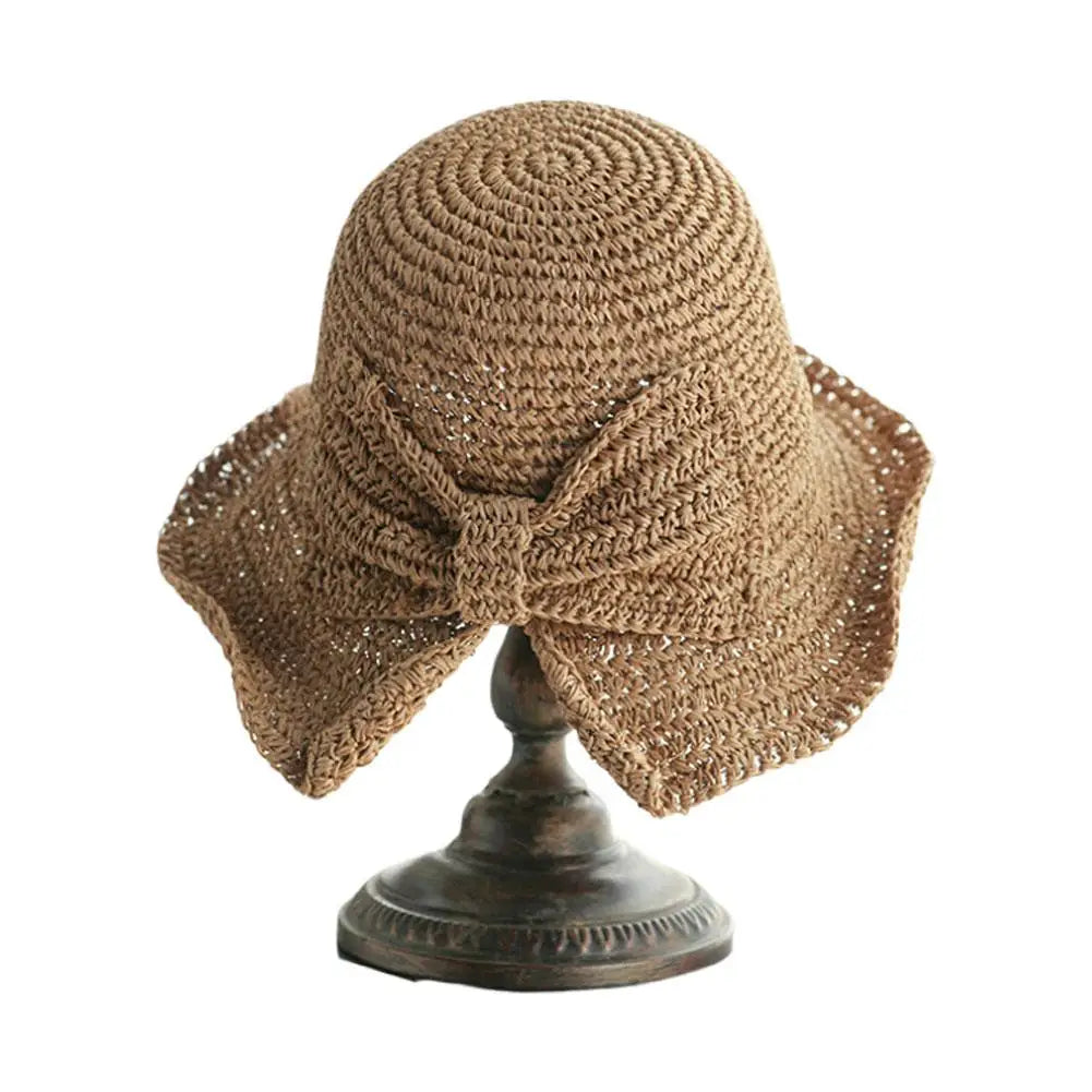 Women's Foldable Straw Sun Hat with Bow Wide Brim Beach Hat for Summer Lightweight Breathable Day Style Sun Protection