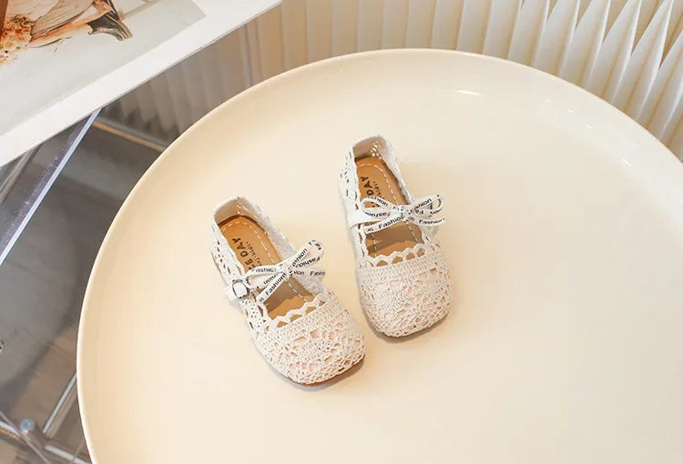 Bow Mesh Girls Flats Shoes Hollow Out Lace Solid Kids Princess Shoes Hook Loop Non Slip Toddler Children Fashion Shoes