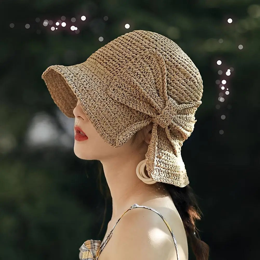 Women's Foldable Straw Sun Hat with Bow Wide Brim Beach Hat for Summer Lightweight Breathable Day Style Sun Protection