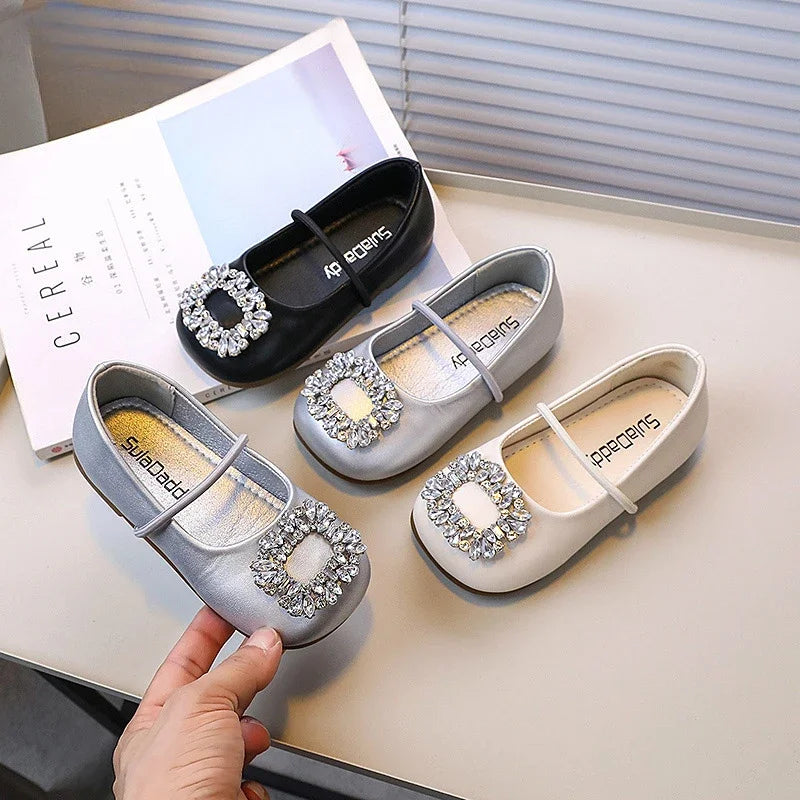 Girls Princess Leather Shoes Luxury Rhinestone Kids Ballet Shoes Fashion Shallow Non-slip Children's Flats for Party Wedding