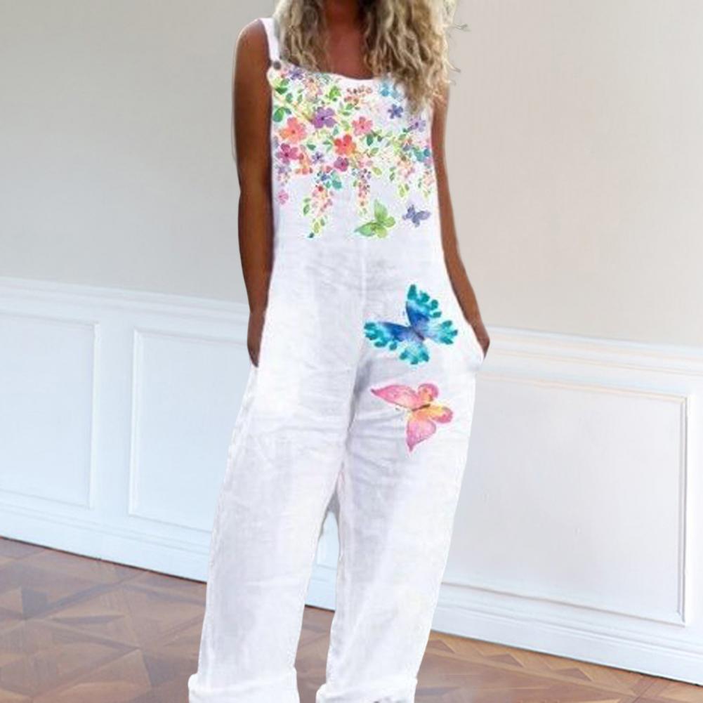 Casual Loose Jumpsuit Women Spaghetti Long Camis Summer Print Cotton Linen Strap Wide Leg Pants Bib Overalls Sleeveless Jumpsuit