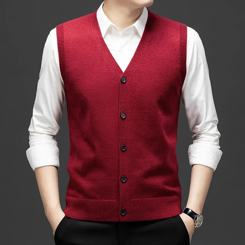 Sweaters Vests for Men Fashion Luxury Single Breasted Pullover Autumn Sleeveless Men Work Sweater Knitted Male Waistcoat Jumper