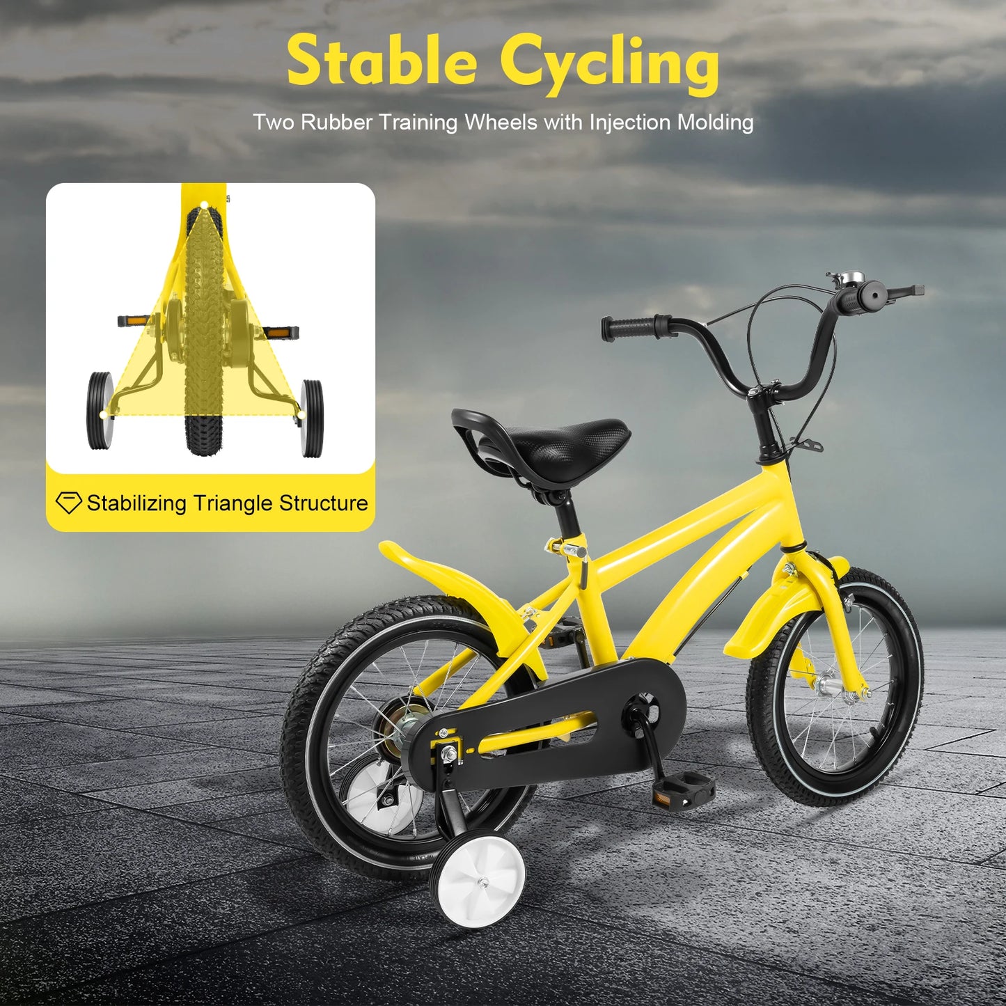 14 Inch Kids Bike Adjustable Seat Dual Brakes Children's Bicycle Load 50kg w/Training Wheels for Ages 2-4, Yellow/Blue/Red/White