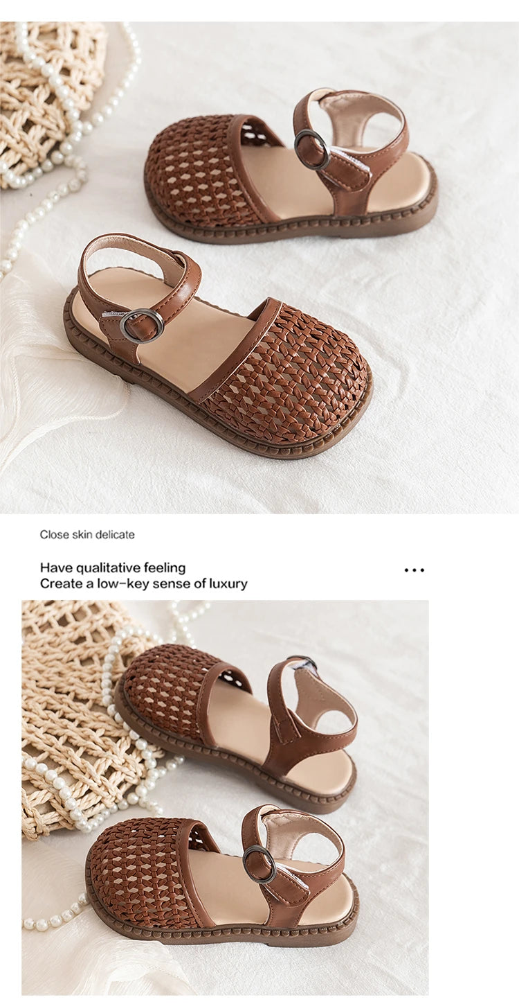 Unishuni Girl Half Sandal Princess Hollow-Out Shoes Kids Vintage Casual Flats Child Summer Shoe Toddler Bohemia Style Beach Shoe