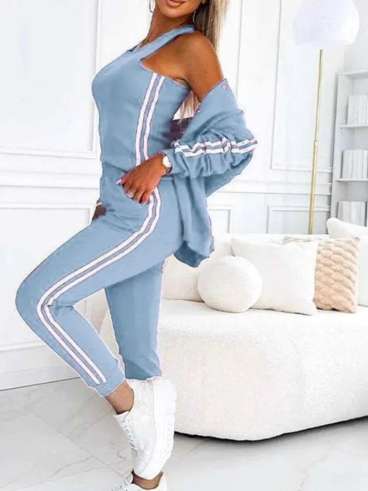 Autumn Winter Fashion Red Black Casual 3 Piece Sets Women O-neck Slim Tank Top + Button Long Sleeve Jacket And Pencil Pant Set