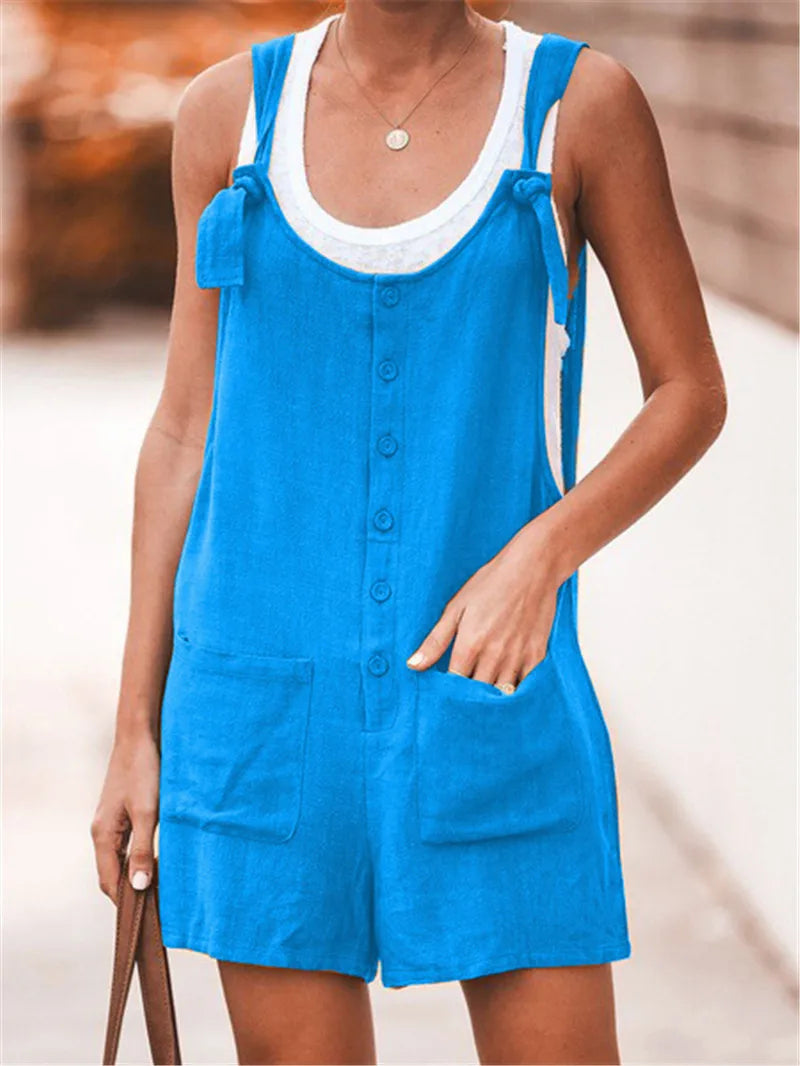 Summer Women's Solid Round Neck Pocket Loose Jumpsuit Shorts Bodys Mujer Black Romper Clothes Y2k 2024 Bodysuit Negro
