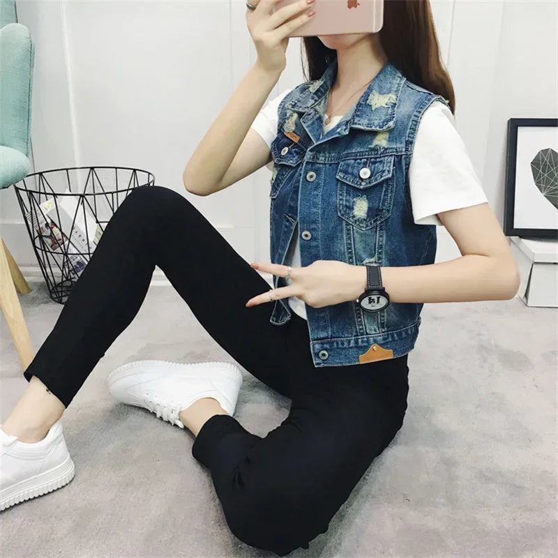 2024 New Vintage Hole Sleeveless Jean Waistcoat Short Jacket Female Outerwear 4XL 5XL 6XL Spring Autumn Denim Vest Women Clothes