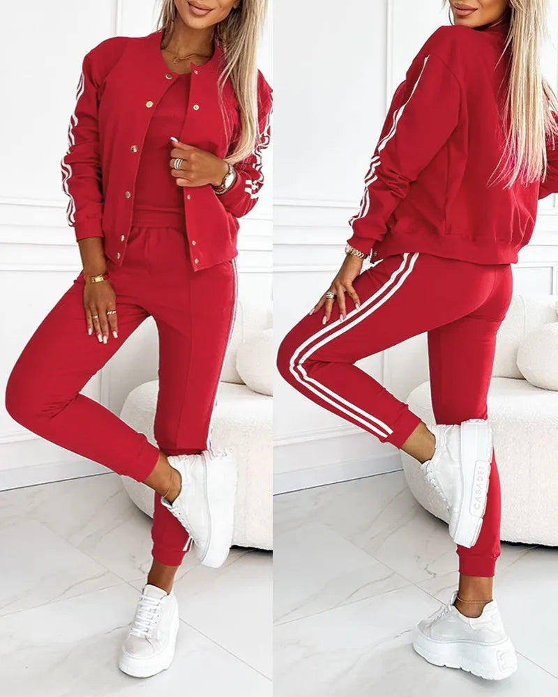 Autumn 3 Piece Tracksuit Outfit Set Striped Tape Patch Button Front Jacket Cuffed Pants Tank Top with Pockets for Casual Wear