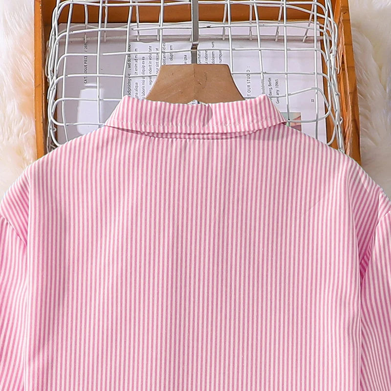 Kids Costume Suit For 4-12 Years Girls Pink Striped Long Sleeve Lapel Cardigan Shirt & Pants Daily Causal Style Comfortable Suit