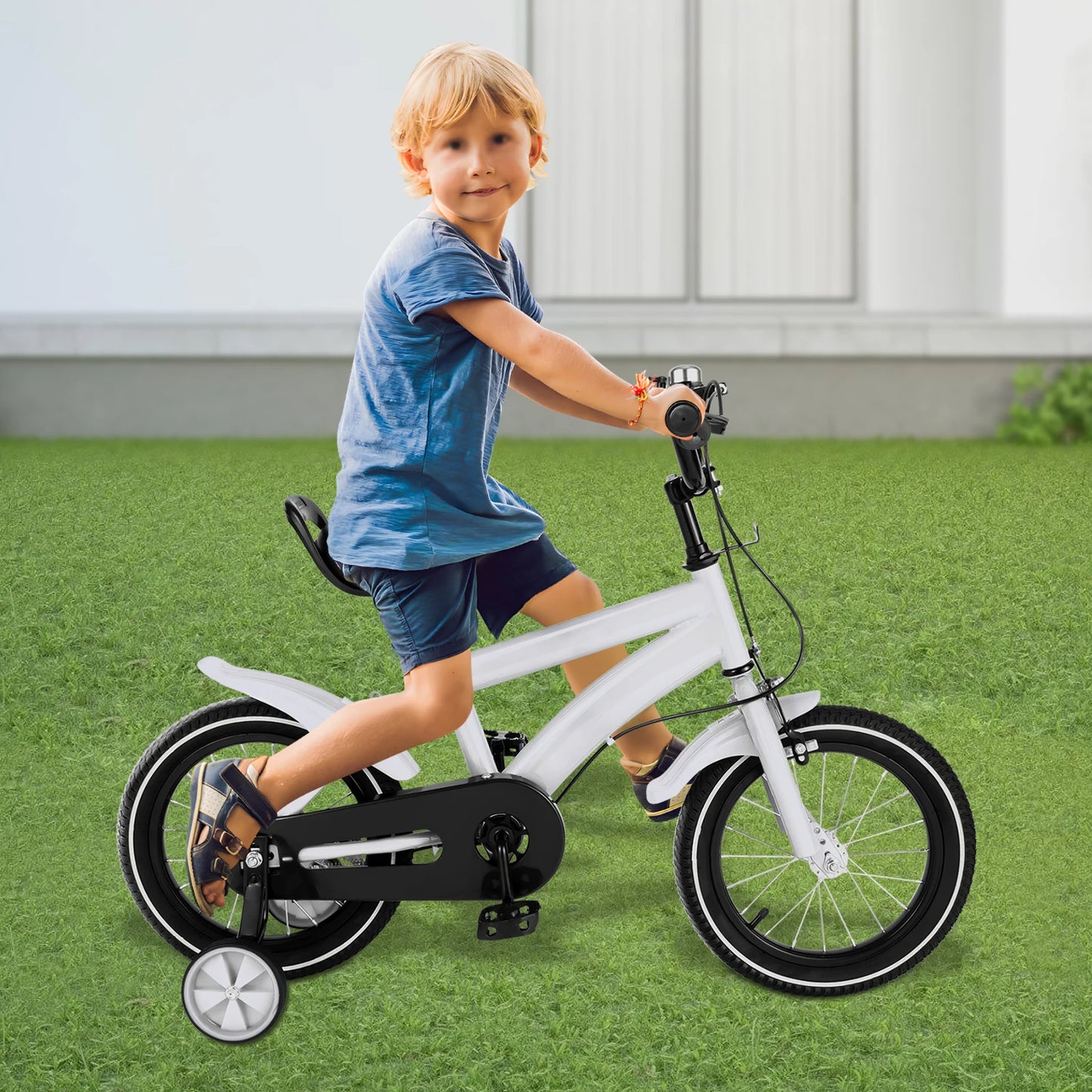 14 Inch Kids Bike Adjustable Seat Dual Brakes Children's Bicycle Load 50kg w/Training Wheels for Ages 2-4, Yellow/Blue/Red/White