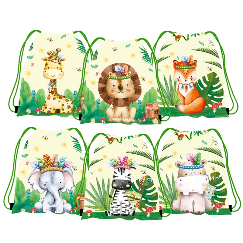 6/12//24/30pcs Jungle Animal Drawstring Bags Jungle Wild Animals Party Favors Kids Jungle Animals Birthday Party Supplies