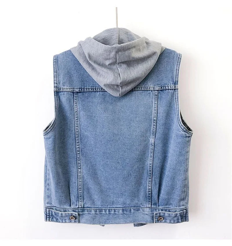 New Women Denim Vest Jackets Spring Autumn Pocket Hooded Short Jean Waistcoat Sleeveless Jacket Outerwear Female Casual Top 5XL