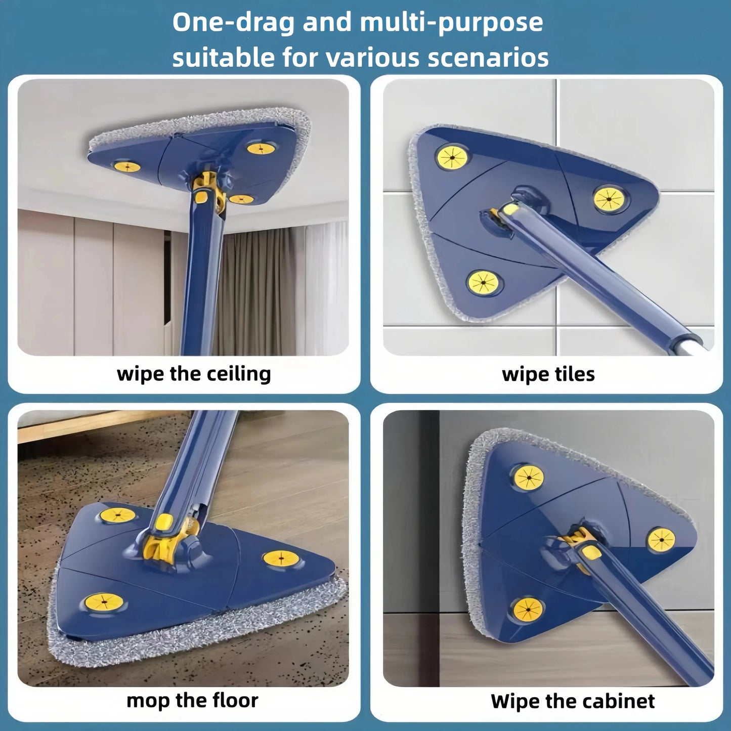 Triangle 360 Cleaning Mop Adjustable Telescopic Household Ceiling Cleaning Brush Tool Self Draining Cleaning Tiles and Walls