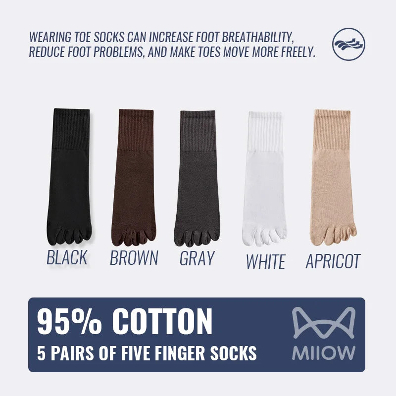 MiiOW 5Pairs Men Five Finger Long Socks Set Lycra Band Deodorant Antibacterial Sports Split Toe Stocking Causal Pure Cotton Sock