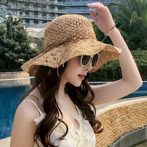 Foldable Sun Protection Straw Hat Women's Summer Korean Style Beach Vacation Outing Large Brim Sand Beach Cap Lace Net Hat