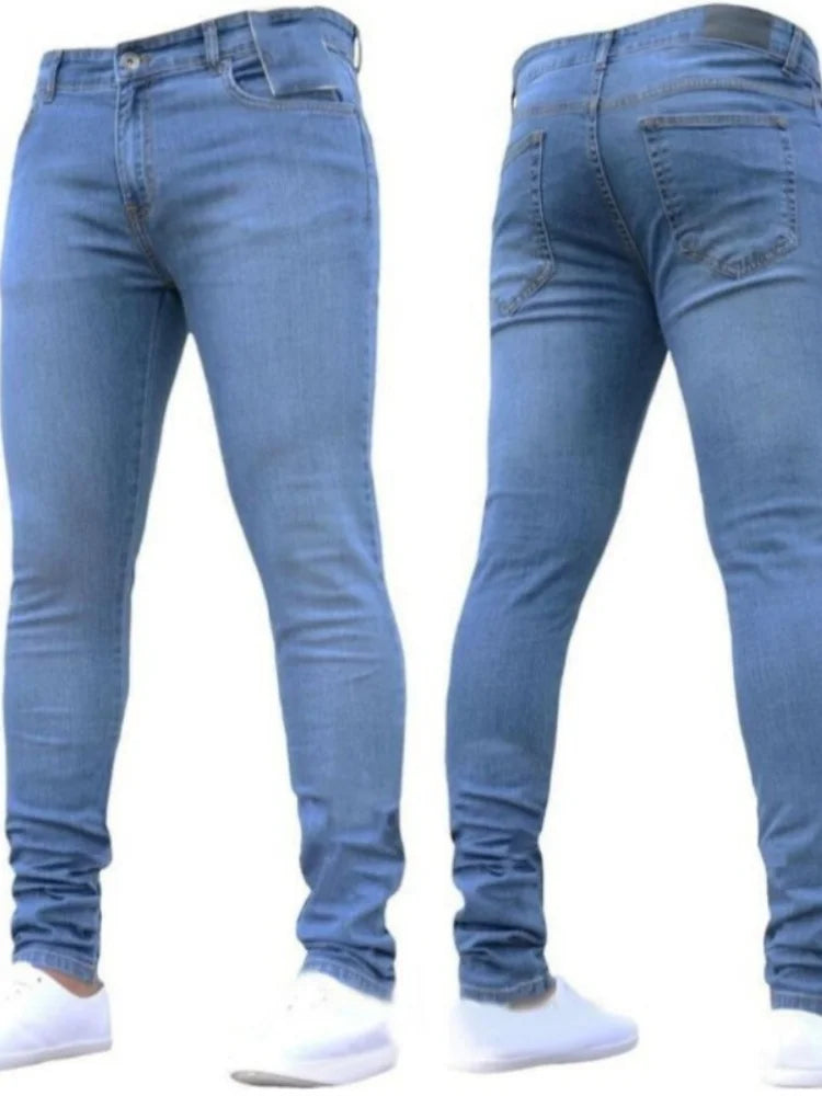 2024 Solid Color Fashion Men Casual Pants Stretch Jeans Skinny Work Trousers Male Wash Slim Fit for Zippered Jeans Men Clothing