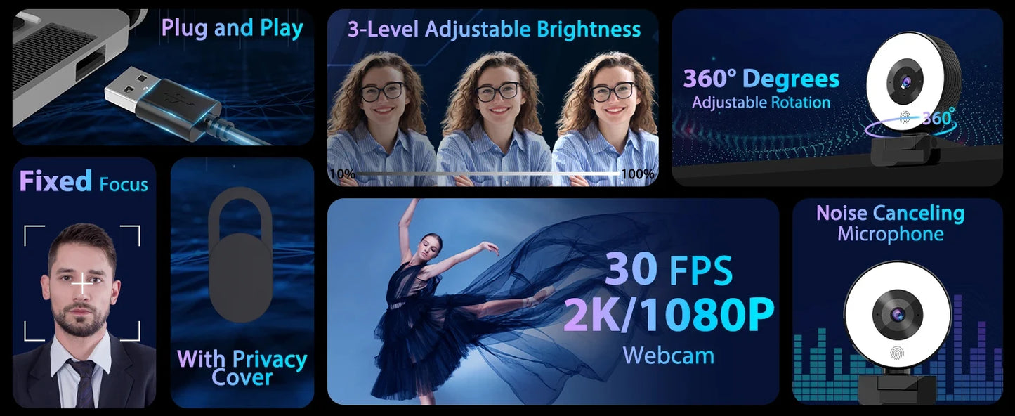 HD 13MP1080P 2K 4K Webcam PC Laptop Auto Focus Webcam Live Streaming Flexible with Microphone Live Broadcast withLight 3840x2160