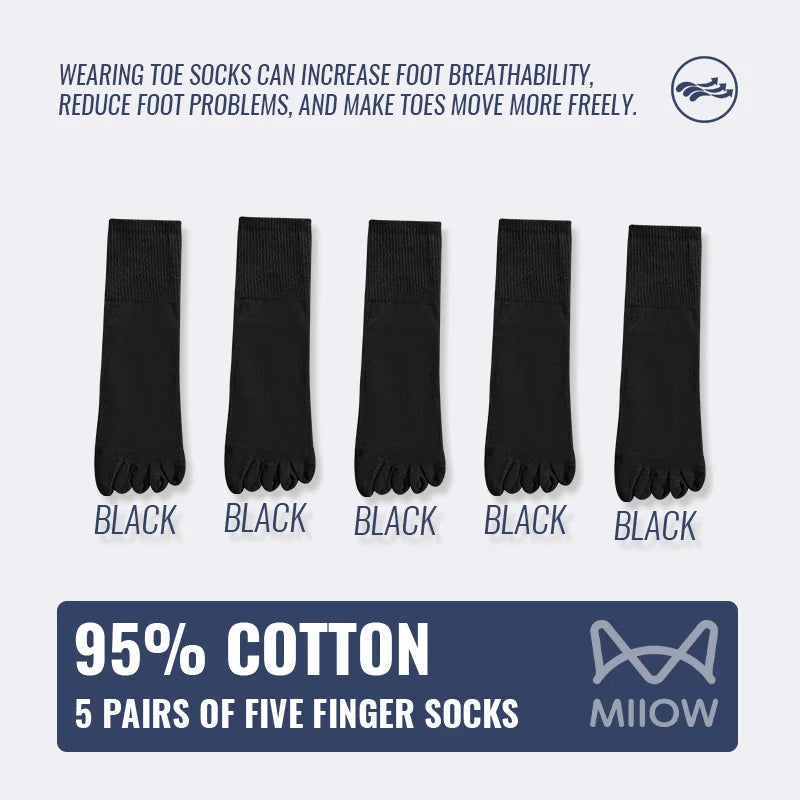 MiiOW 5Pairs Men Five Finger Long Socks Set Lycra Band Deodorant Antibacterial Sports Split Toe Stocking Causal Pure Cotton Sock