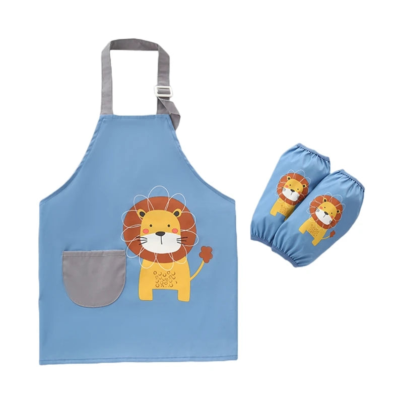 Cute Cartoon Children Apron with Sleeves Set Baby Bibs Kids Craft Art Apron Kitchen Cooking Suit Toddler Burp Cloths for 3-12Y