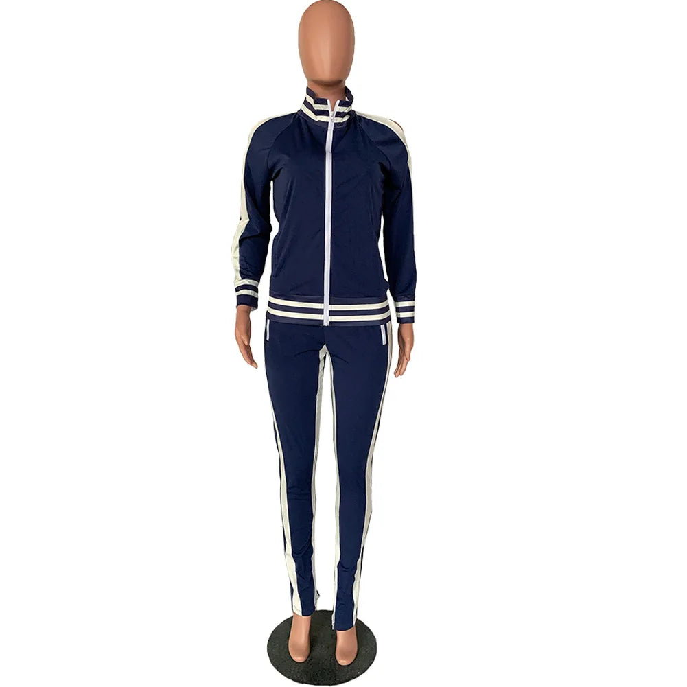 Women Pant Sets Tracksuit Zippers Jackets Striped Stand Collar Coats Pencil Pants Two Pieces Set Sports Casual Patchwork