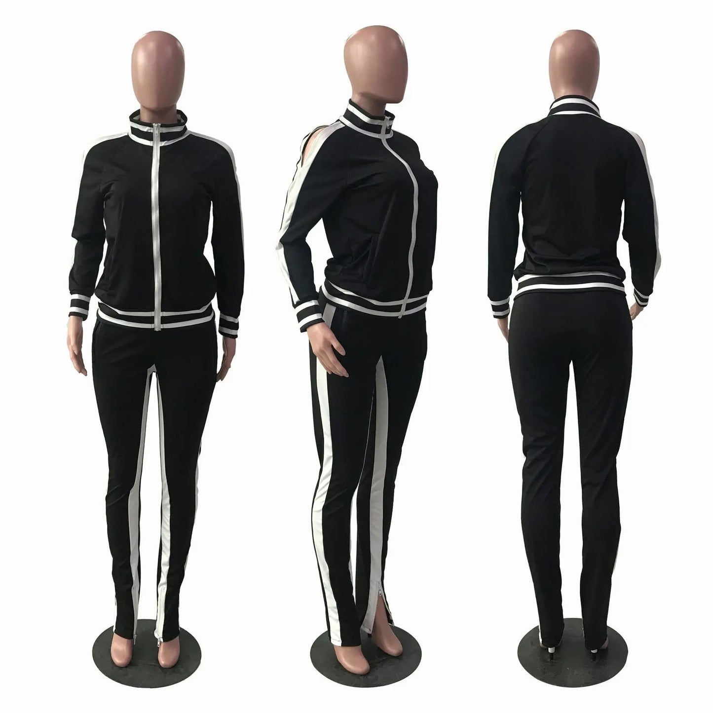 Women Pant Sets Tracksuit Zippers Jackets Striped Stand Collar Coats Pencil Pants Two Pieces Set Sports Casual Patchwork