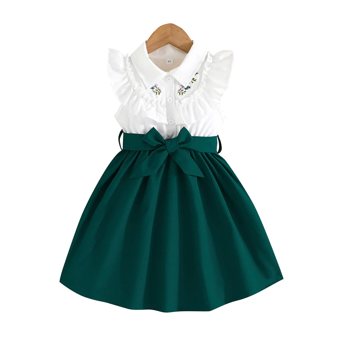 Prowow Lady Girl's Dresses Sleeveless Embroidery Floral Lotus Dress Turn-Down Collar Patchwork Shirt Dress For Girls With Belt