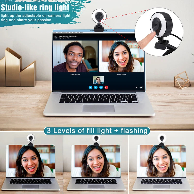 HD 13MP1080P 2K 4K Webcam PC Laptop Auto Focus Webcam Live Streaming Flexible with Microphone Live Broadcast withLight 3840x2160