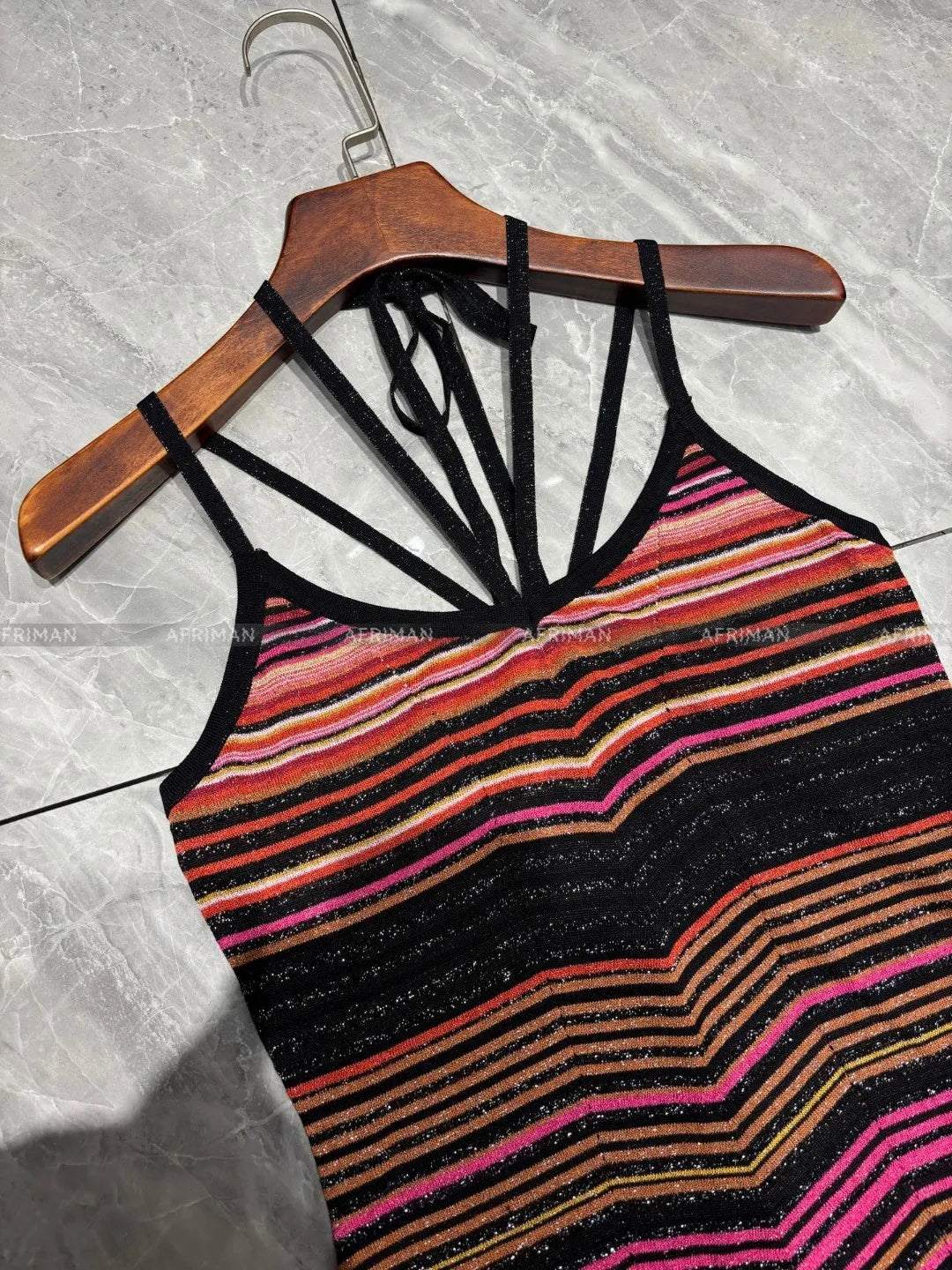 Women Stripe Sleeveless Metallic Sequined Thin Strap Hanging Neck Slim Maxi Long Knitted Dress