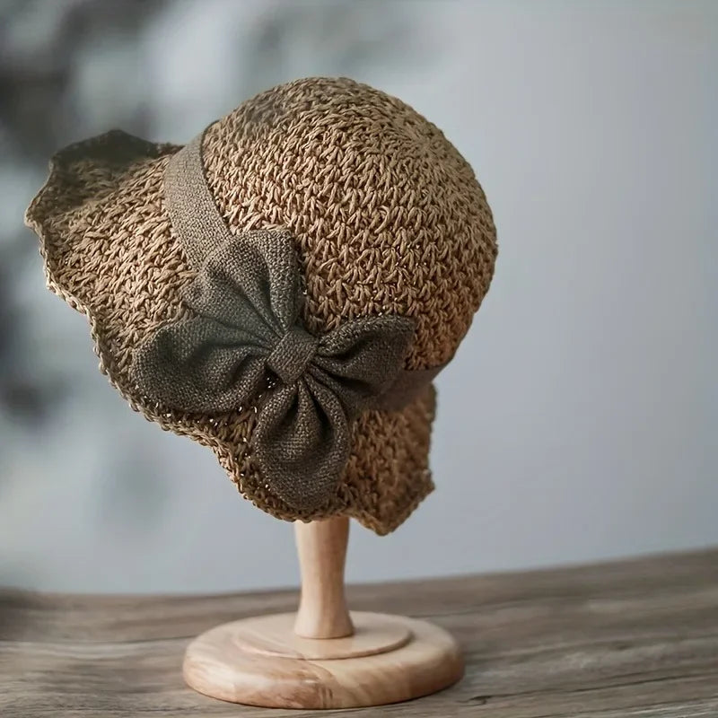 1pc/2pcs Elegant Sun Hat - Hand Woven with Vintage Ruffles and Bow, Foldable Travel Beach Hat