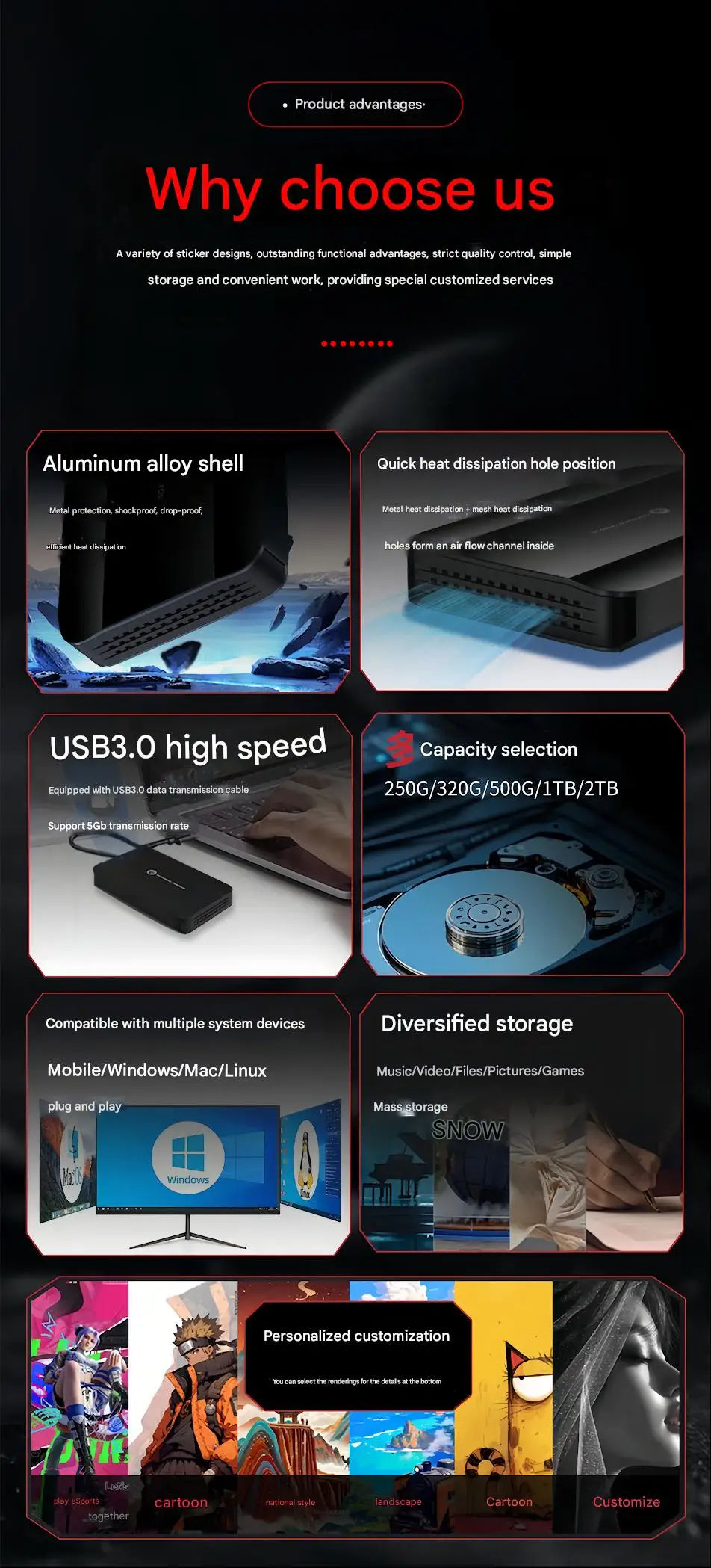 Portable HDD Metal material 5Gbps External Hard Drive 320GB 500GB 1TB LED USB3.0 disco duro exter Compatible for PC/MAC/PS4/PS5