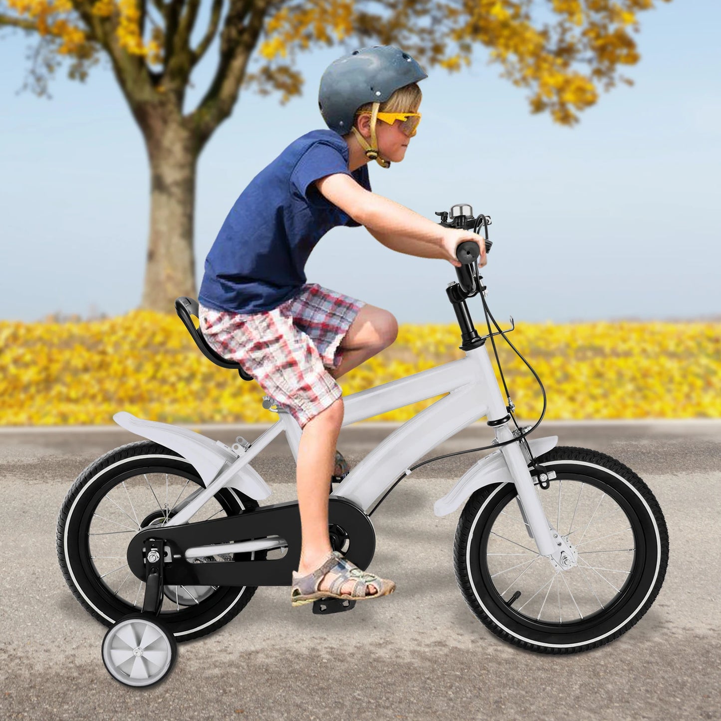 14 Inch Kids Bike Adjustable Seat Dual Brakes Children's Bicycle Load 50kg w/Training Wheels for Ages 2-4, Yellow/Blue/Red/White