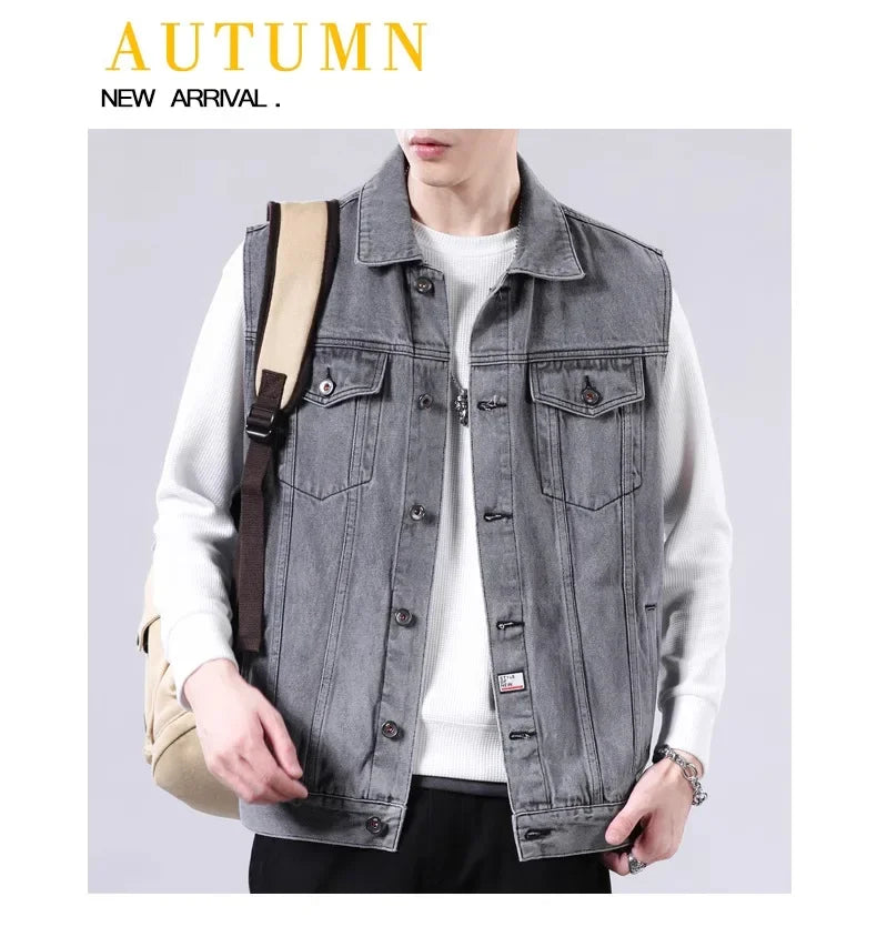 American Style Casual Men's Denim Jacket Loose Cool Retro Workwear Jacket Versatile Leisure Vest for Spring And Autumn