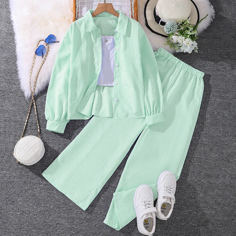 Kids Costume Suit For 4-12 Years Girls Pink Striped Long Sleeve Lapel Cardigan Shirt & Pants Daily Causal Style Comfortable Suit