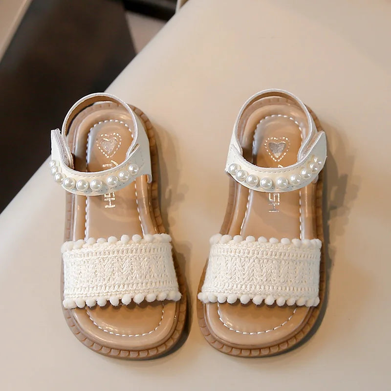 Unishuni Girls Sandals Princess One-Strap Summer Shoes Child Soft Skin-Friendly Cloth Sandal Kids Lace Pearl Bohemia Beach Flats