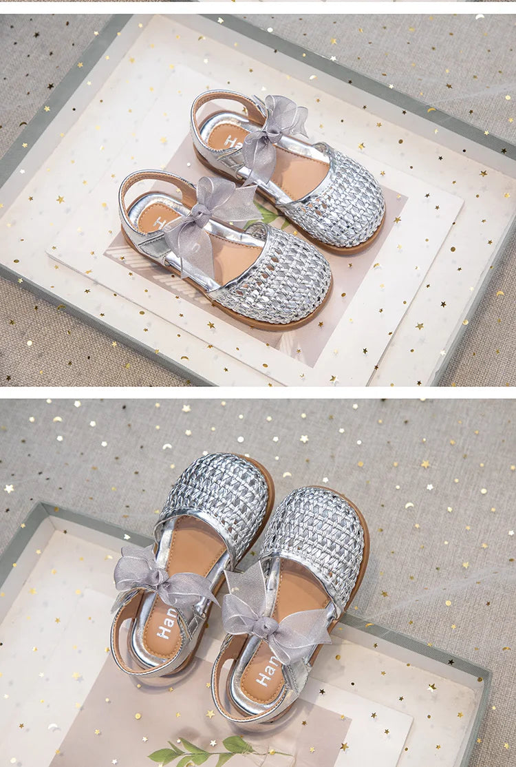Braided Sandal for Girl Princess Summer Shoe Child Soft Sole Close Toed Butterfly Beach Shoe Kids Casual Shoe Beige Brown Silver