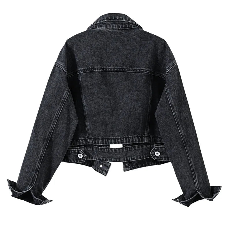 Women's Shorts Denim Jacket Fashion Casual Coat Black Lapel Single-breasted Long-sleeved Female Overcoat S M L XL XXL XXXL